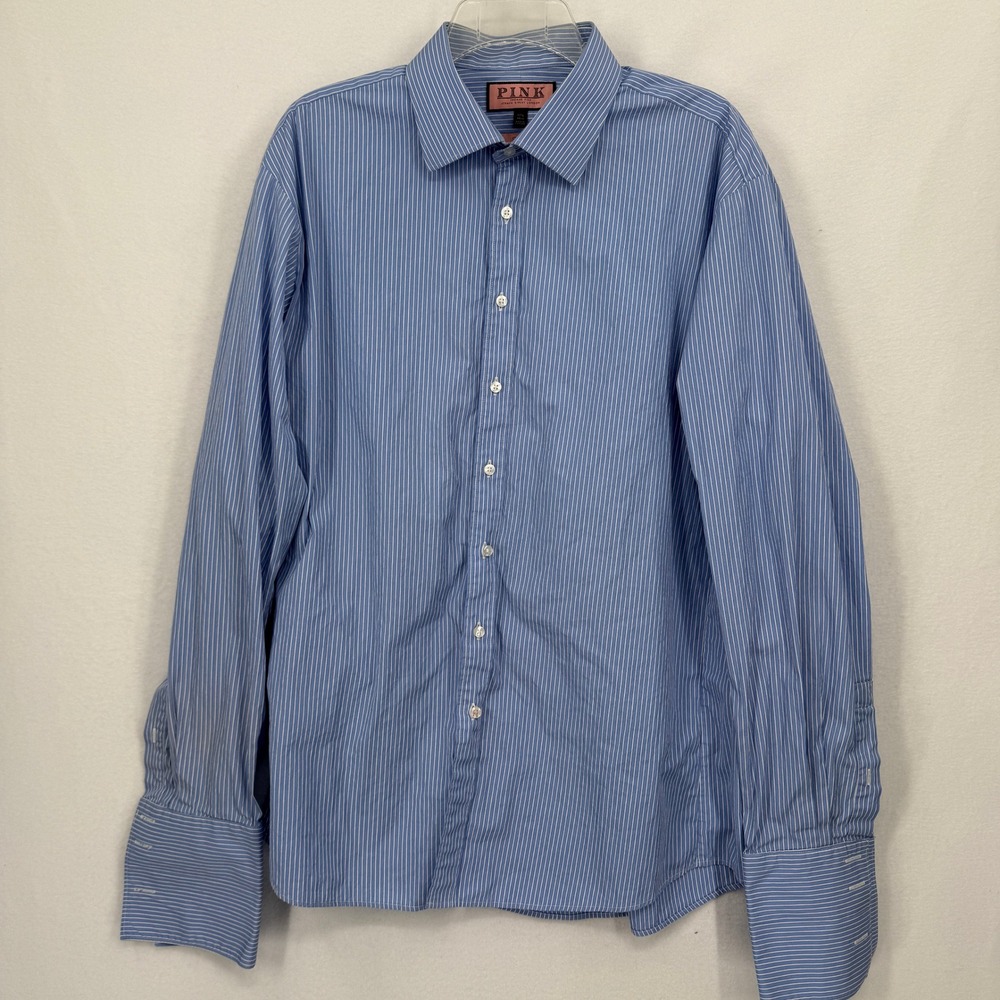 Thomas Pink Dress Shirt Men 17.5 Blue White Stripe Slim Fit French Cuffโ Cotton
